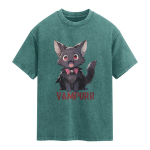 Halloween Black Vampire Cat Washed Cotton T-Shirt Vampurr Cute Kitty Lover