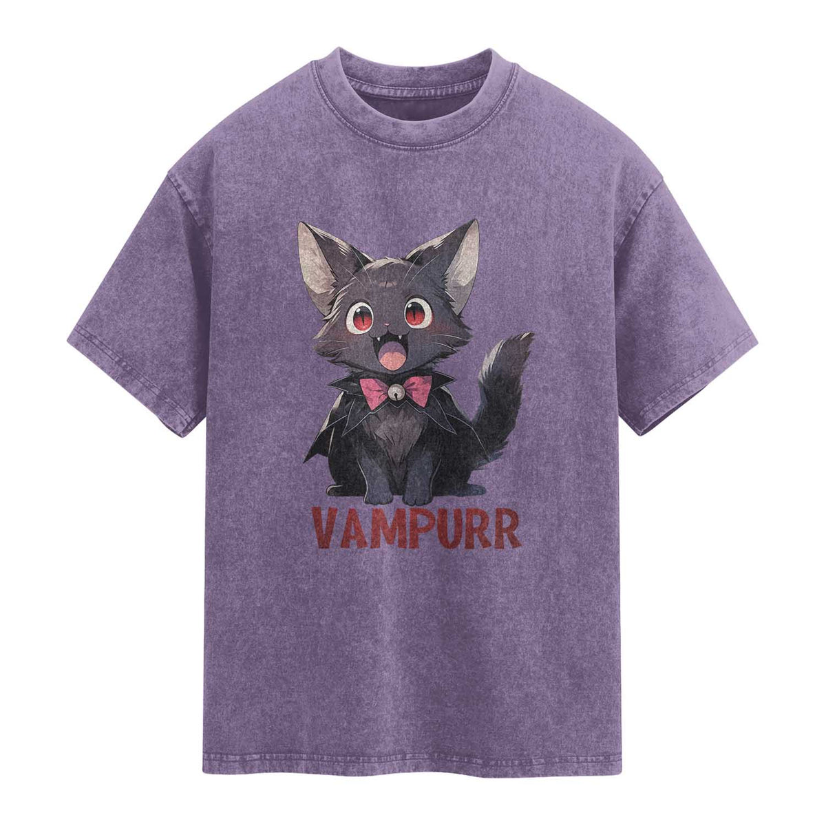 Halloween Black Vampire Cat Washed Cotton T-Shirt Vampurr Cute Kitty Lover