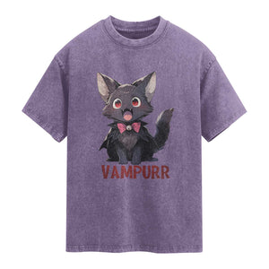 Halloween Black Vampire Cat Washed Cotton T-Shirt Vampurr Cute Kitty Lover