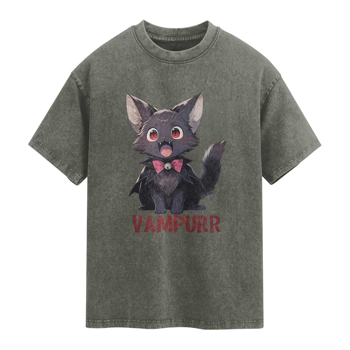 Halloween Black Vampire Cat Washed Cotton T-Shirt Vampurr Cute Kitty Lover