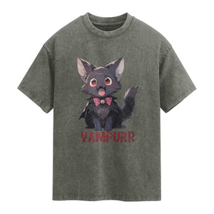 Halloween Black Vampire Cat Washed Cotton T-Shirt Vampurr Cute Kitty Lover