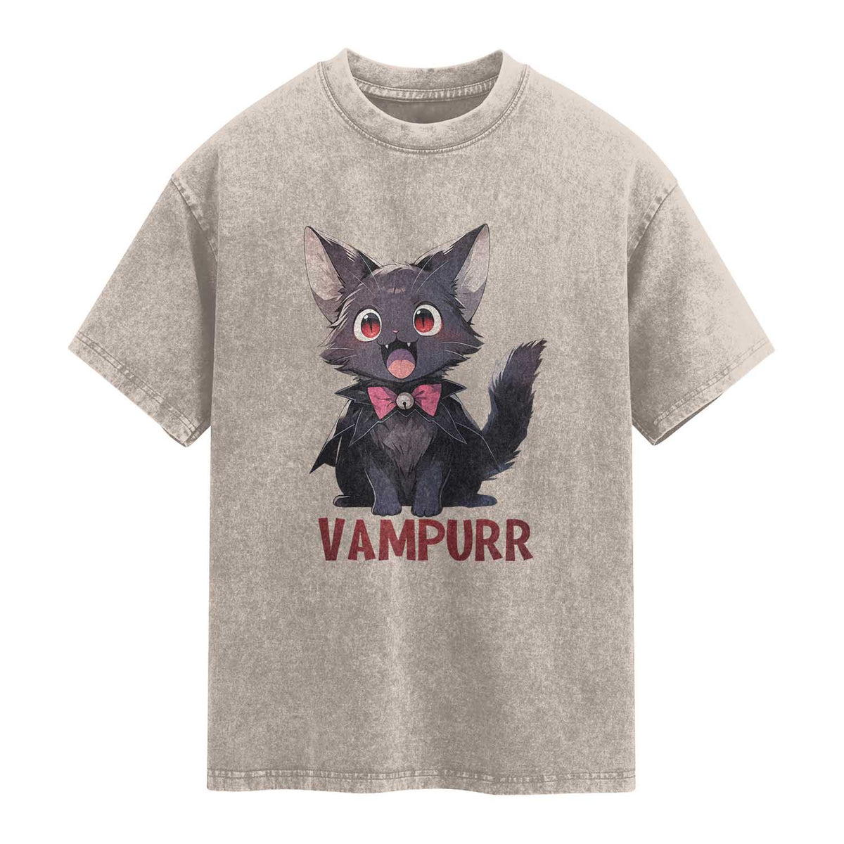 Halloween Black Vampire Cat Washed Cotton T-Shirt Vampurr Cute Kitty Lover