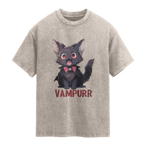 Halloween Black Vampire Cat Washed Cotton T-Shirt Vampurr Cute Kitty Lover