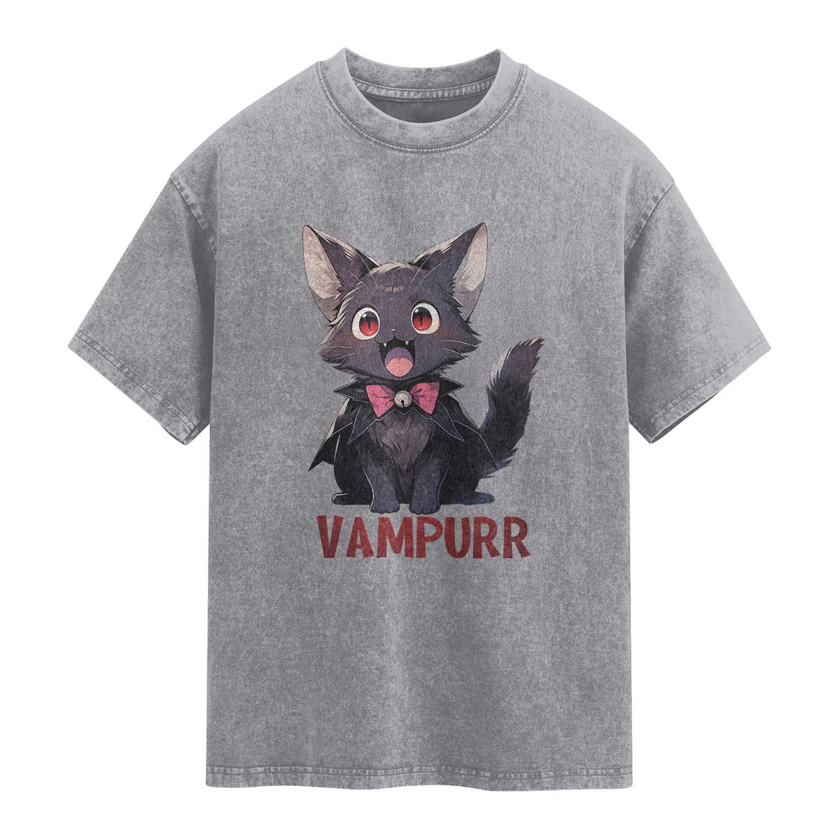 Halloween Black Vampire Cat Washed Cotton T-Shirt Vampurr Cute Kitty Lover