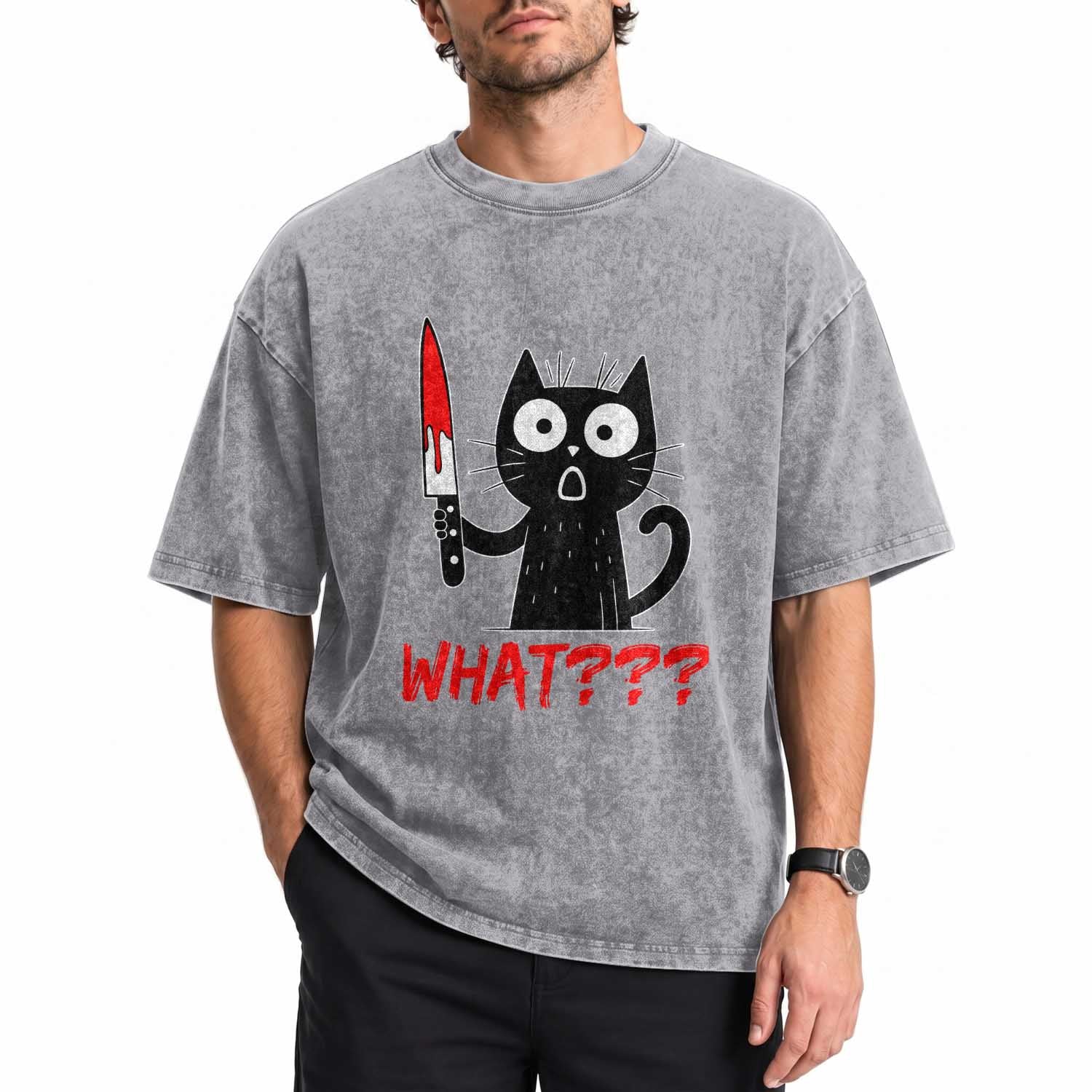 Black Cat Halloween Washed Cotton T-Shirt What Killer Kitten With Knife