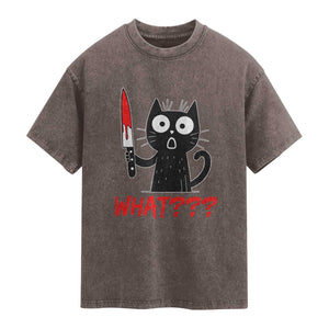 Black Cat Halloween Washed Cotton T-Shirt What Killer Kitten With Knife