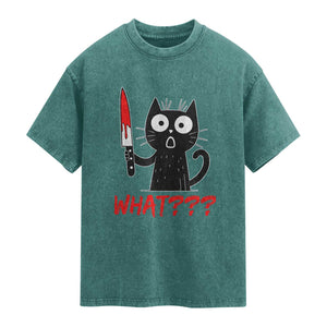 Black Cat Halloween Washed Cotton T-Shirt What Killer Kitten With Knife