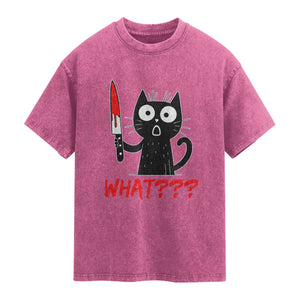 Black Cat Halloween Washed Cotton T-Shirt What Killer Kitten With Knife