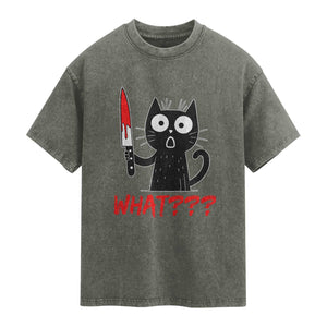 Black Cat Halloween Washed Cotton T-Shirt What Killer Kitten With Knife