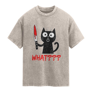Black Cat Halloween Washed Cotton T-Shirt What Killer Kitten With Knife