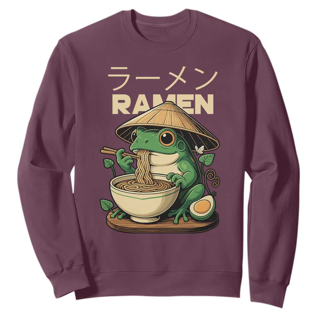 Frog Eating Ramen Sweatshirt Funny Japanese Food Lover Anime TS12 Maroon Print Your Wear