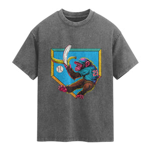 Funny Monkey Playing Baseball With Banana Washed Cotton T-Shirt Sport Humor Gift