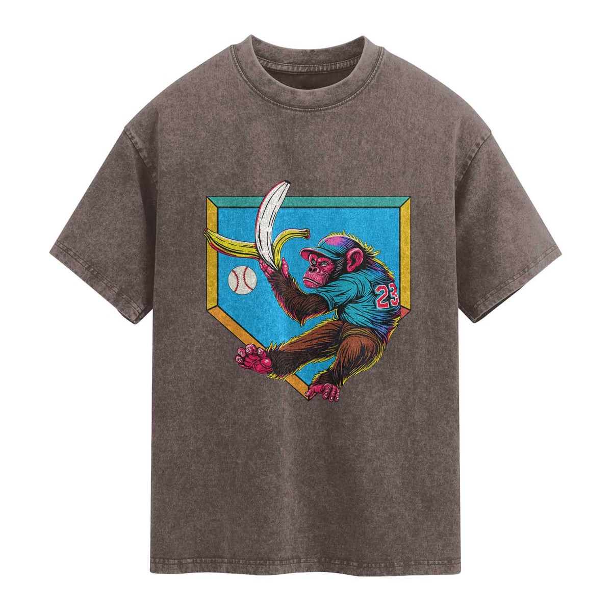 Funny Monkey Playing Baseball With Banana Washed Cotton T-Shirt Sport Humor Gift