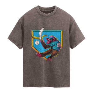 Funny Monkey Playing Baseball With Banana Washed Cotton T-Shirt Sport Humor Gift