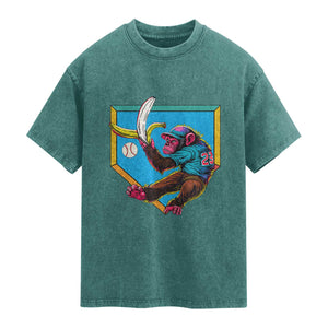 Funny Monkey Playing Baseball With Banana Washed Cotton T-Shirt Sport Humor Gift
