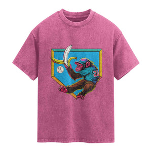 Funny Monkey Playing Baseball With Banana Washed Cotton T-Shirt Sport Humor Gift