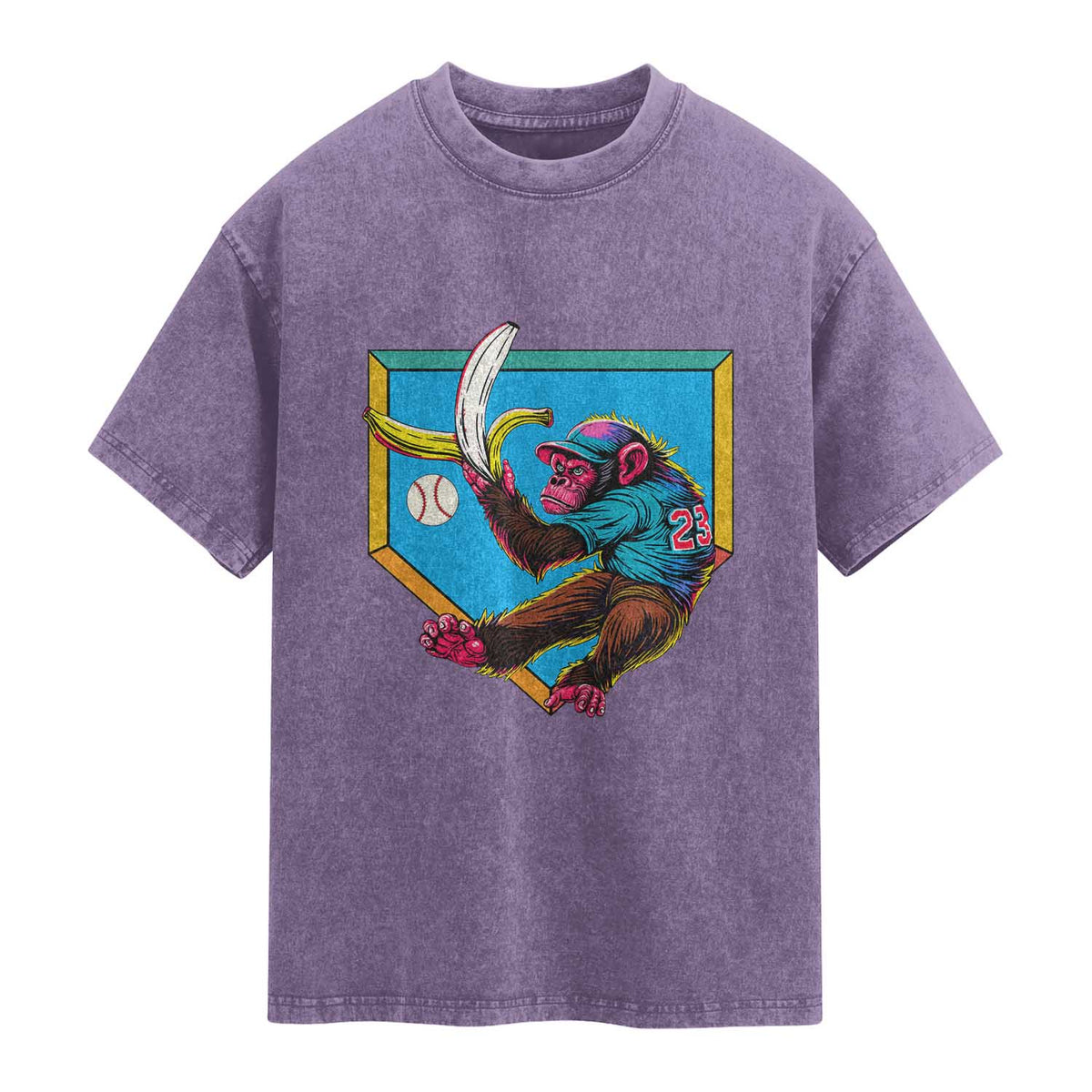 Funny Monkey Playing Baseball With Banana Washed Cotton T-Shirt Sport Humor Gift