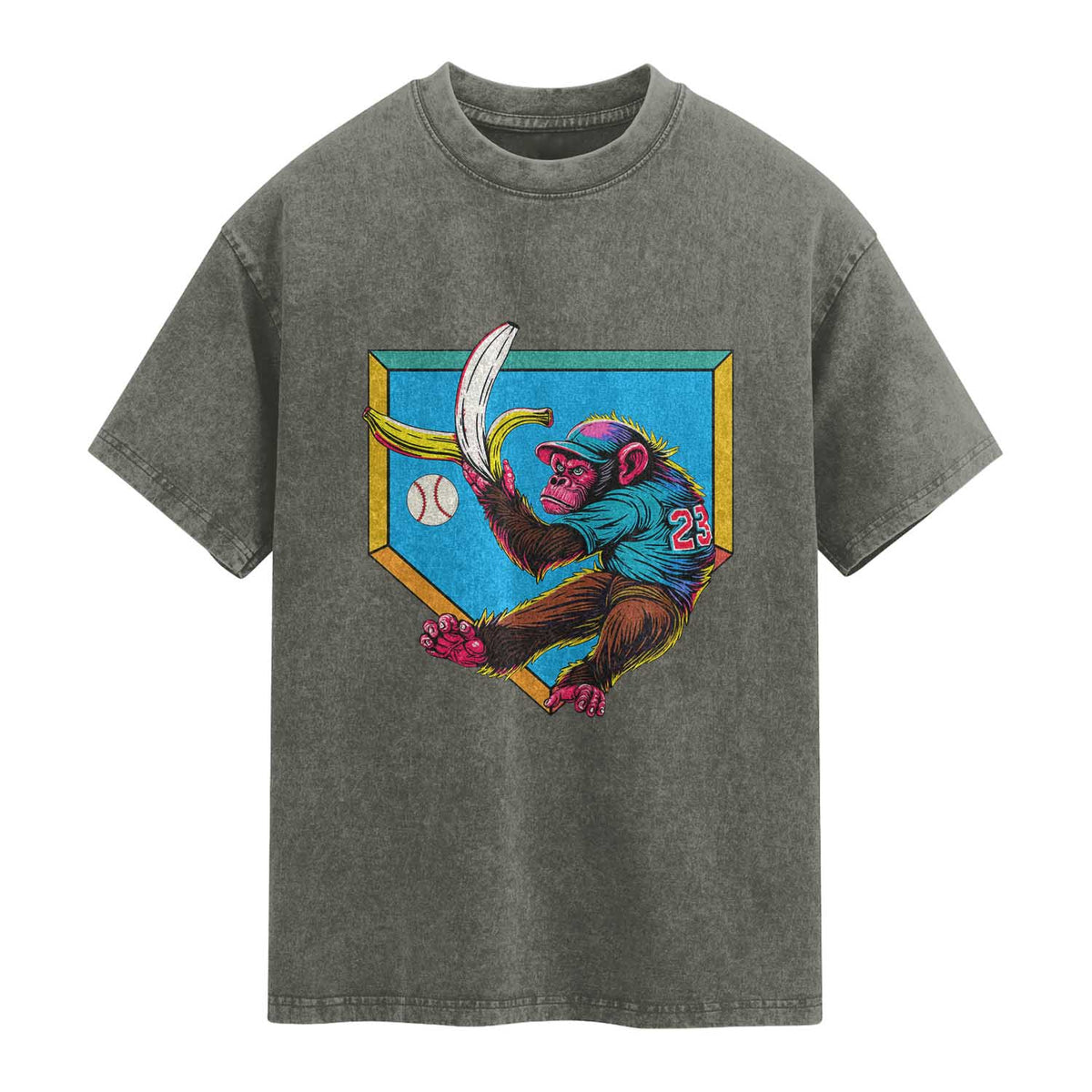 Funny Monkey Playing Baseball With Banana Washed Cotton T-Shirt Sport Humor Gift