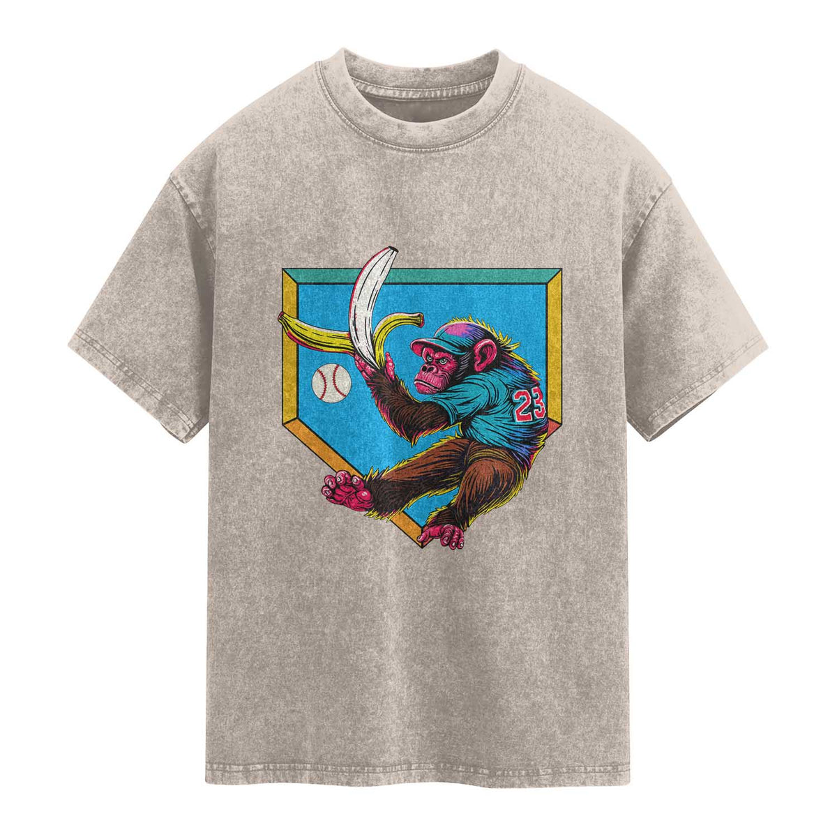 Funny Monkey Playing Baseball With Banana Washed Cotton T-Shirt Sport Humor Gift