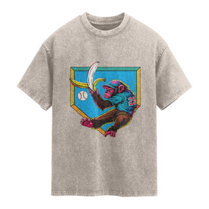 Funny Monkey Playing Baseball With Banana Washed Cotton T-Shirt Sport Humor Gift