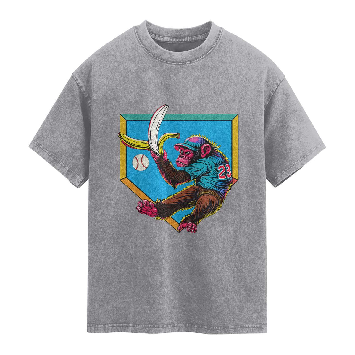 Funny Monkey Playing Baseball With Banana Washed Cotton T-Shirt Sport Humor Gift