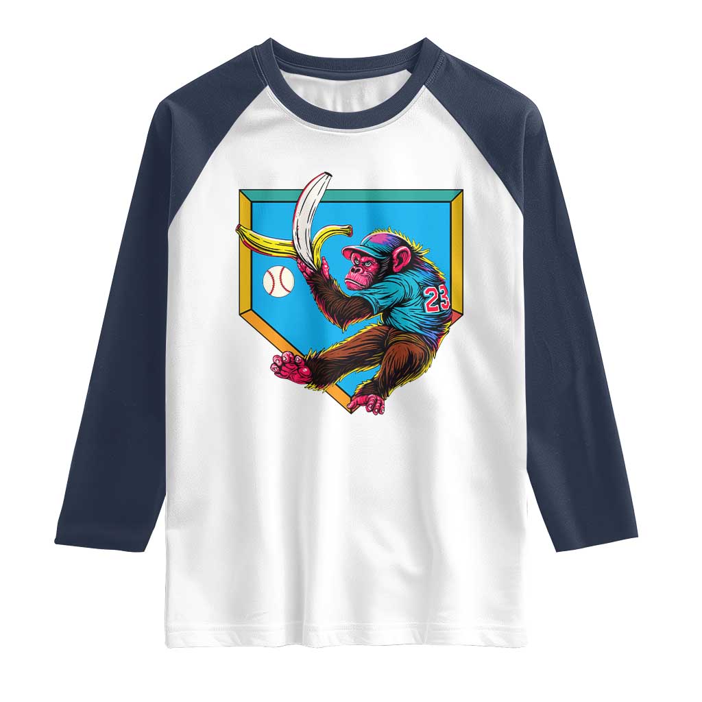 Funny Monkey Playing Baseball With Banana Raglan Shirt Sport Humor Gift TS12 White Navy Print Your Wear