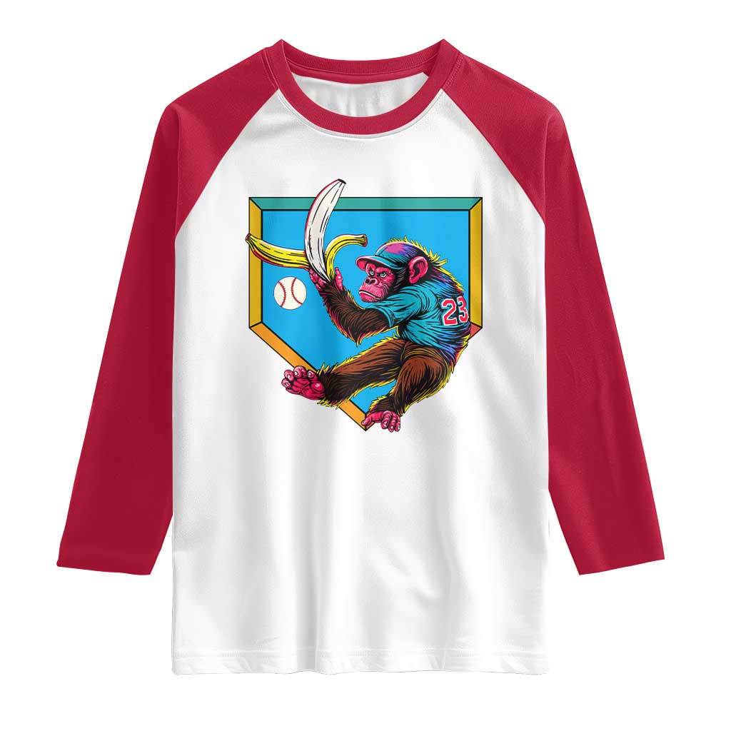 Funny Monkey Playing Baseball With Banana Raglan Shirt Sport Humor Gift TS12 White Red Print Your Wear