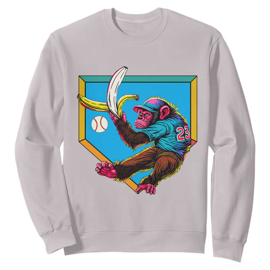Funny Monkey Playing Baseball With Banana Sweatshirt Sport Humor Gift TS12 Ice Gray Print Your Wear