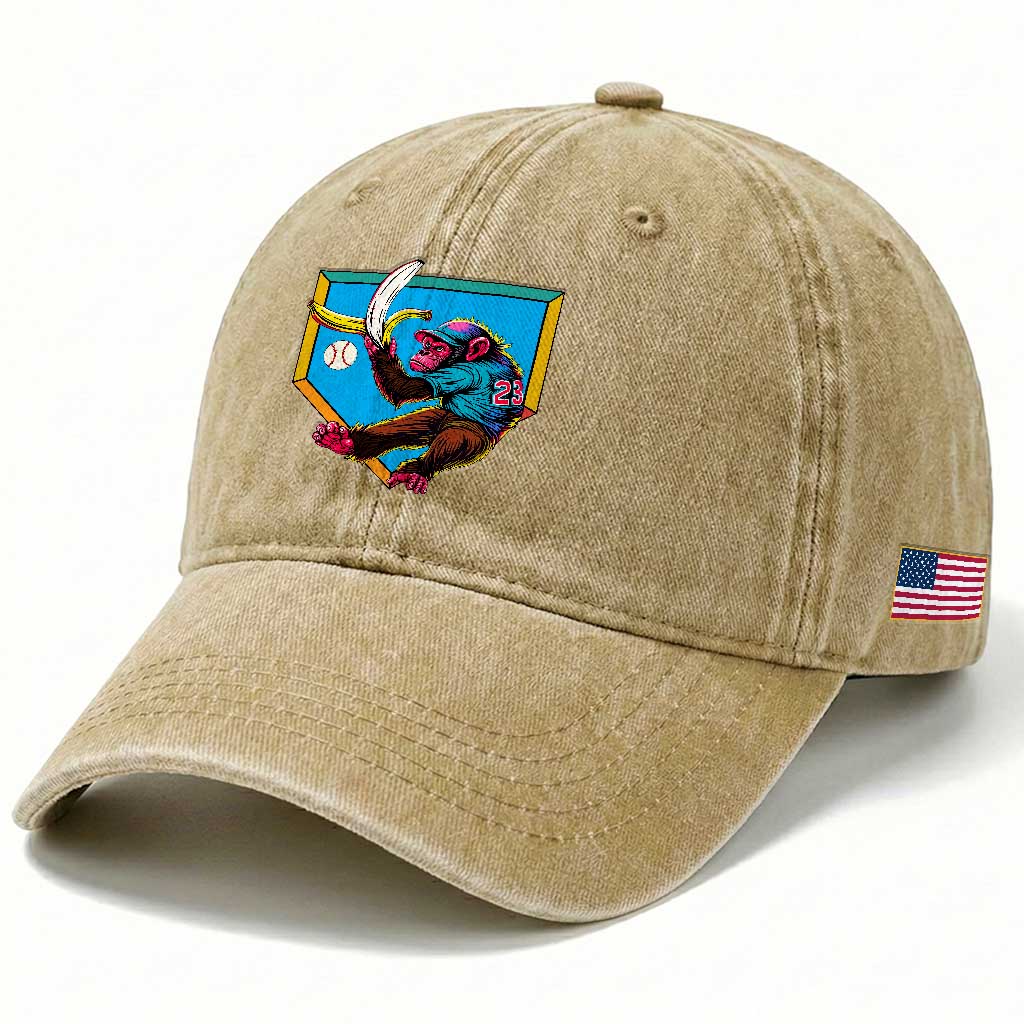 Funny Monkey Playing Baseball With Banana Washed Cotton Baseball Cap Sport Humor Gift TS12 Print Your Wear