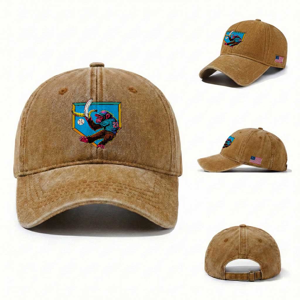 Funny Monkey Playing Baseball With Banana Washed Cotton Baseball Cap Sport Humor Gift TS12 Washed Cap Universal Fit Yellow Ochre Print Your Wear