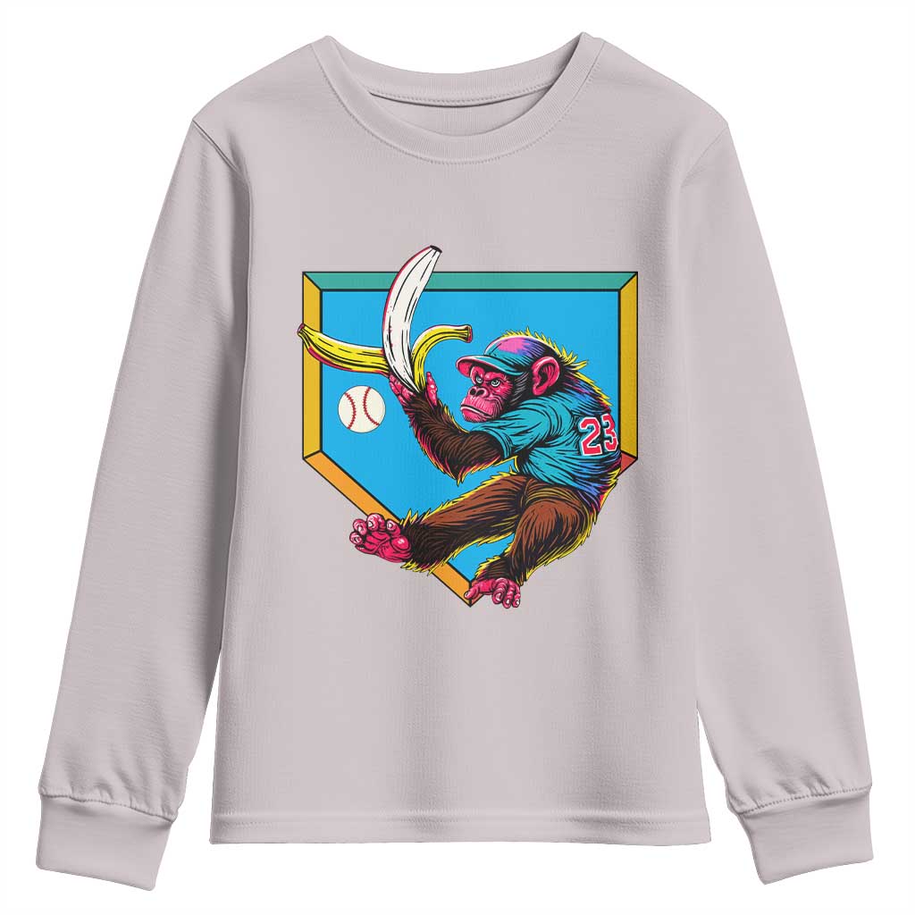Funny Monkey Playing Baseball With Banana Youth Sweatshirt Sport Humor Gift TS12 Ice Gray Print Your Wear