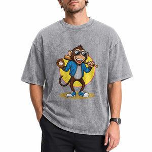 Funny Baseball Washed Cotton T-Shirt Monkey Playing Baseball Sport Humor Gift