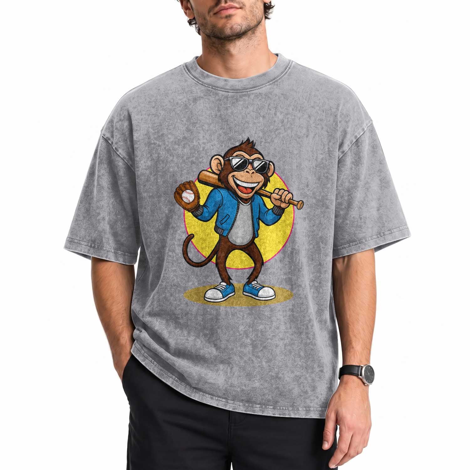 Funny Baseball Washed Cotton T-Shirt Monkey Playing Baseball Sport Humor Gift
