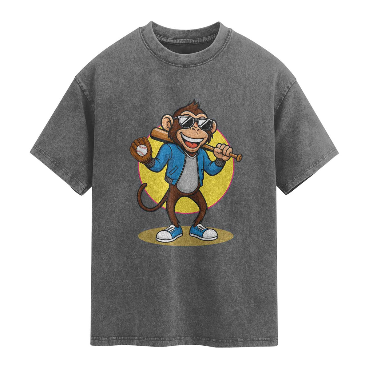 Funny Baseball Washed Cotton T-Shirt Monkey Playing Baseball Sport Humor Gift