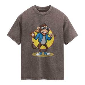 Funny Baseball Washed Cotton T-Shirt Monkey Playing Baseball Sport Humor Gift