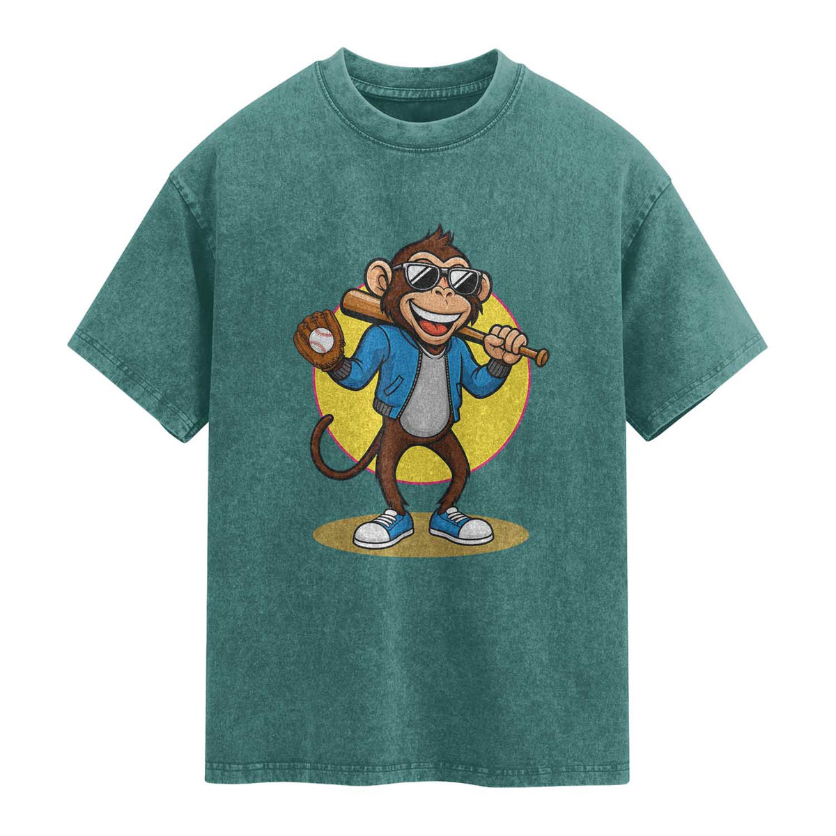 Funny Baseball Washed Cotton T-Shirt Monkey Playing Baseball Sport Humor Gift