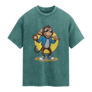 Funny Baseball Washed Cotton T-Shirt Monkey Playing Baseball Sport Humor Gift