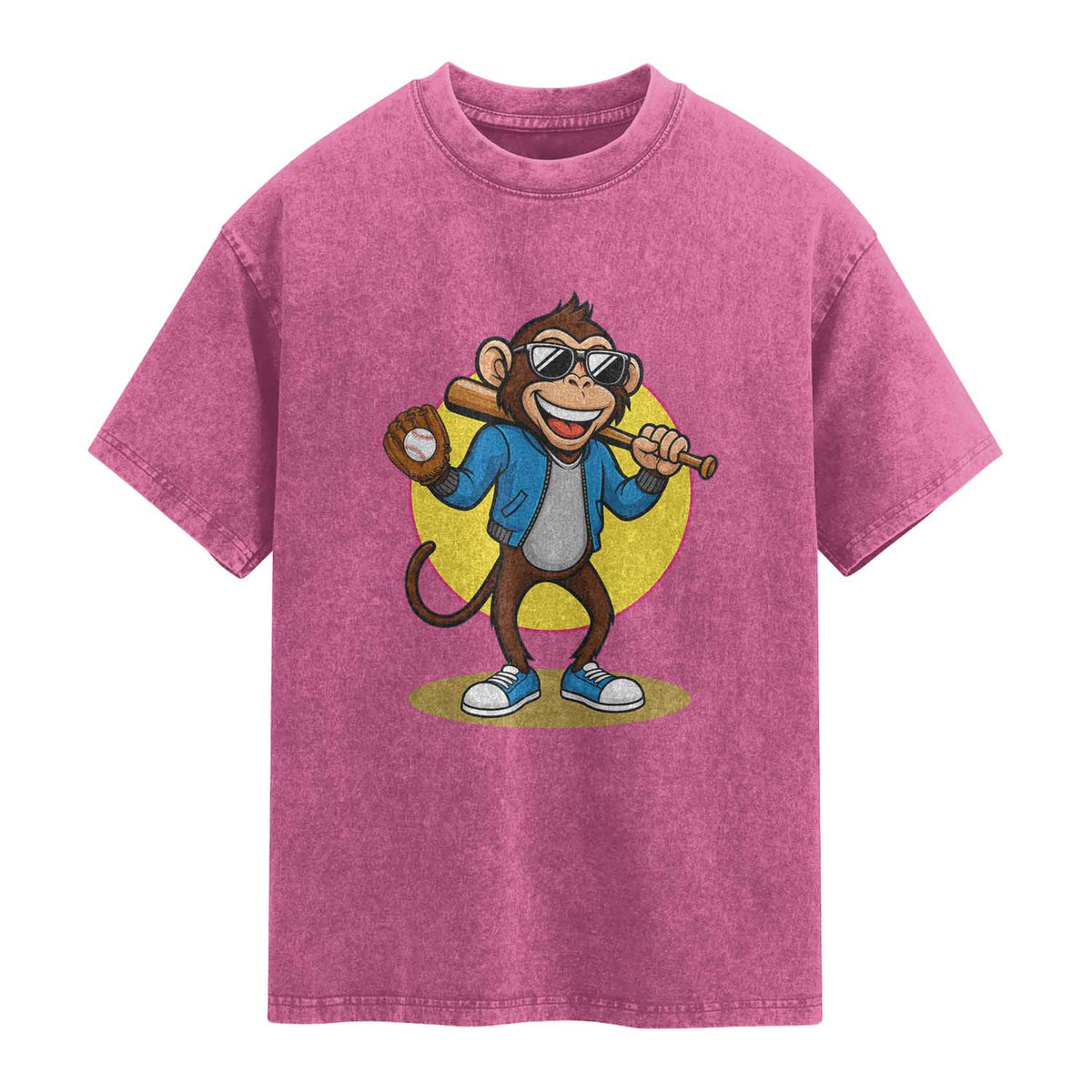 Funny Baseball Washed Cotton T-Shirt Monkey Playing Baseball Sport Humor Gift