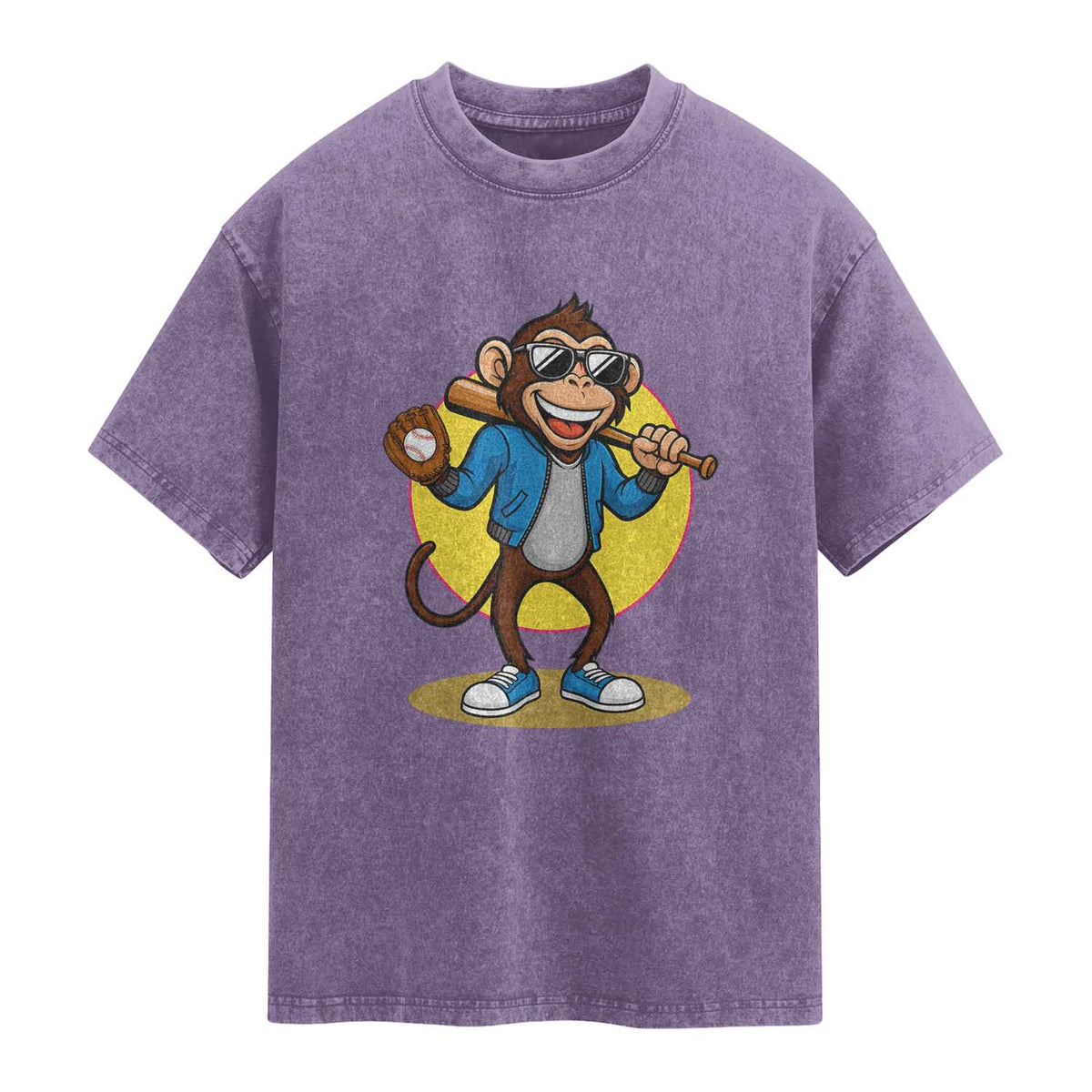 Funny Baseball Washed Cotton T-Shirt Monkey Playing Baseball Sport Humor Gift
