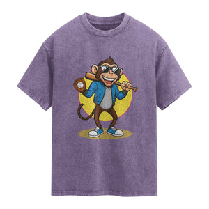 Funny Baseball Washed Cotton T-Shirt Monkey Playing Baseball Sport Humor Gift