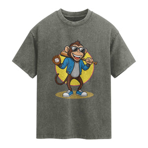 Funny Baseball Washed Cotton T-Shirt Monkey Playing Baseball Sport Humor Gift