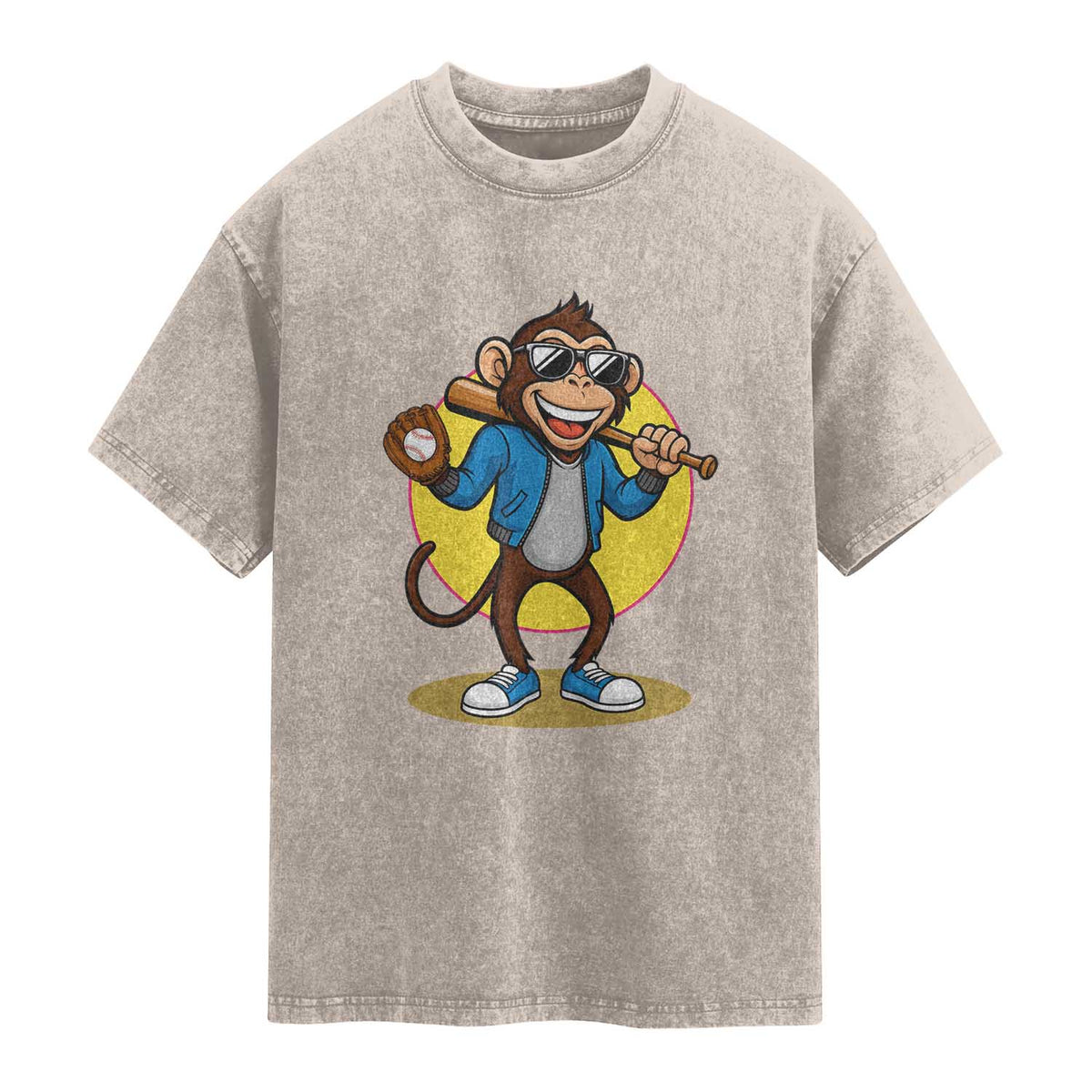 Funny Baseball Washed Cotton T-Shirt Monkey Playing Baseball Sport Humor Gift