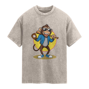 Funny Baseball Washed Cotton T-Shirt Monkey Playing Baseball Sport Humor Gift