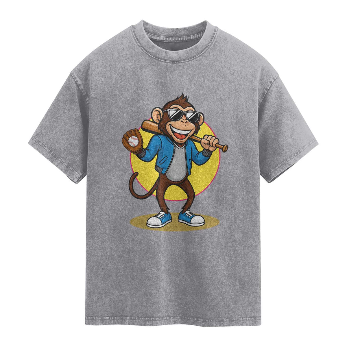 Funny Baseball Washed Cotton T-Shirt Monkey Playing Baseball Sport Humor Gift
