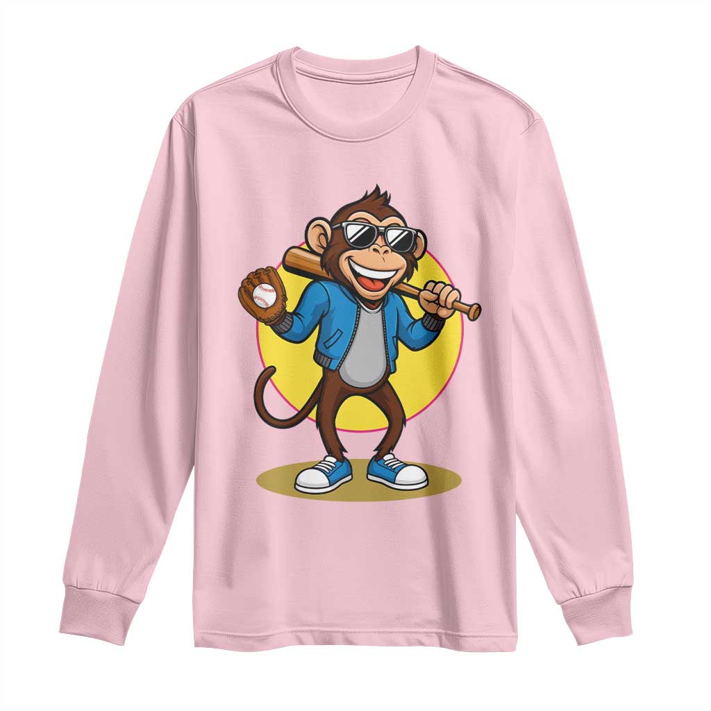 Funny Baseball Long Sleeve Shirt Monkey Playing Baseball Sport Humor Gift TS12 Light Pink Print Your Wear