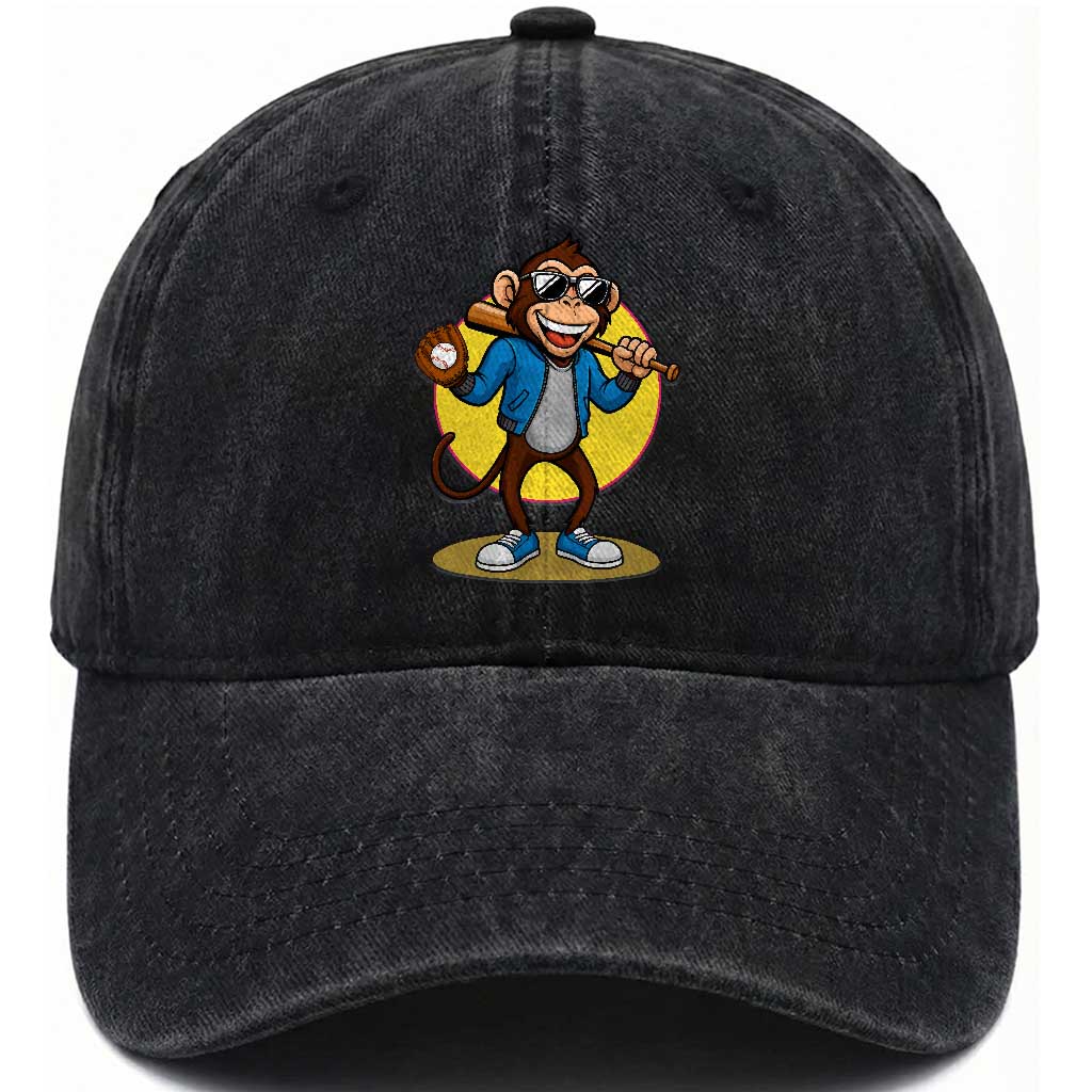 Funny Baseball Washed Cotton Baseball Cap Monkey Playing Baseball Sport Humor Gift TS12 Washed Cap Universal Fit Black Print Your Wear