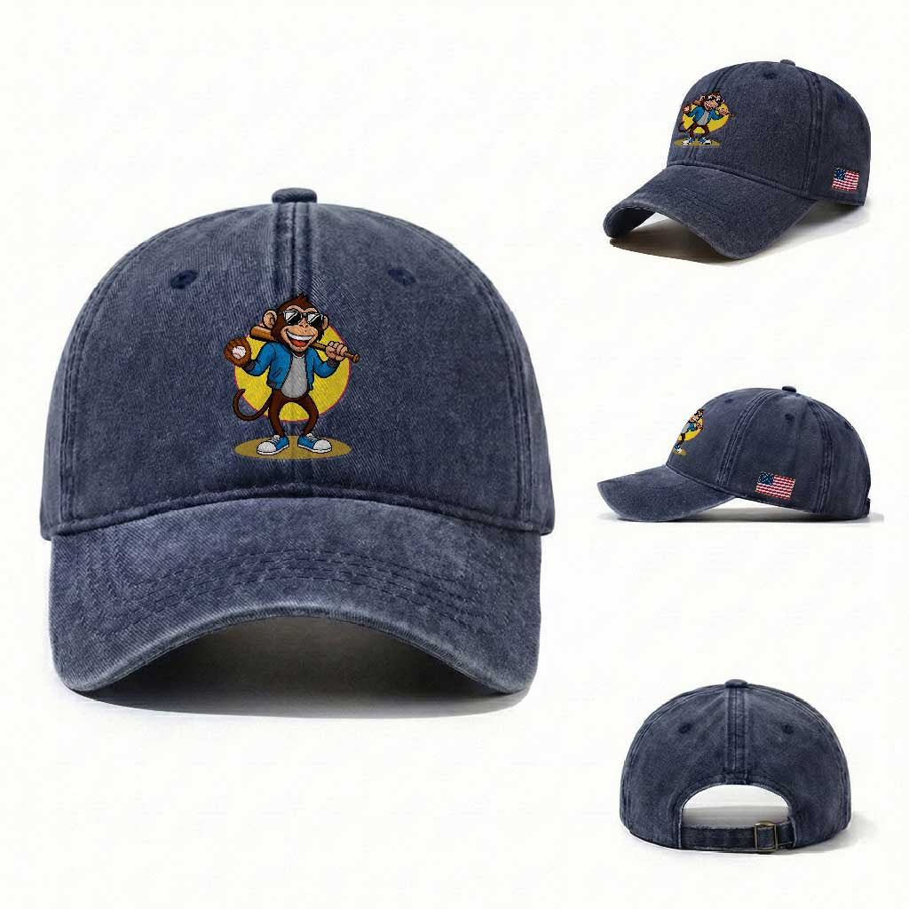 Funny Baseball Washed Cotton Baseball Cap Monkey Playing Baseball Sport Humor Gift TS12 Washed Cap Universal Fit Navy Print Your Wear
