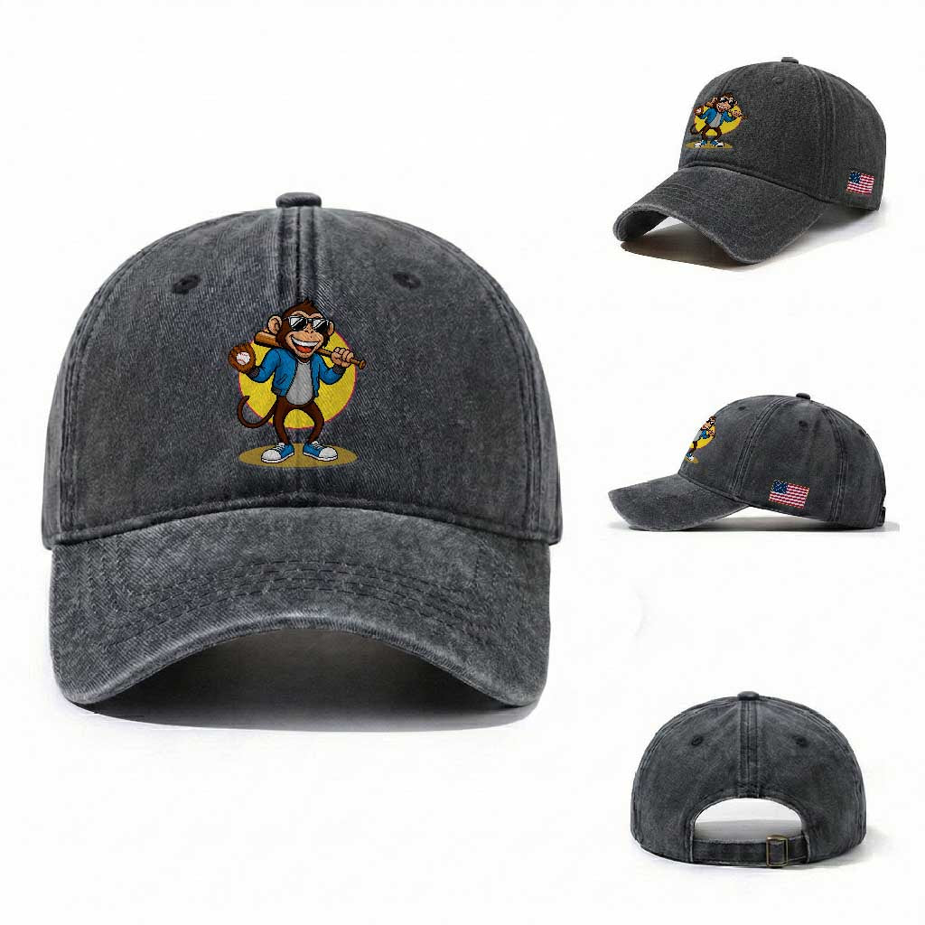 Funny Baseball Washed Cotton Baseball Cap Monkey Playing Baseball Sport Humor Gift TS12 Washed Cap Universal Fit Dark Gray Print Your Wear