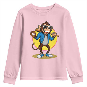 Funny Baseball Youth Sweatshirt Monkey Playing Baseball Sport Humor Gift TS12 Light Pink Print Your Wear