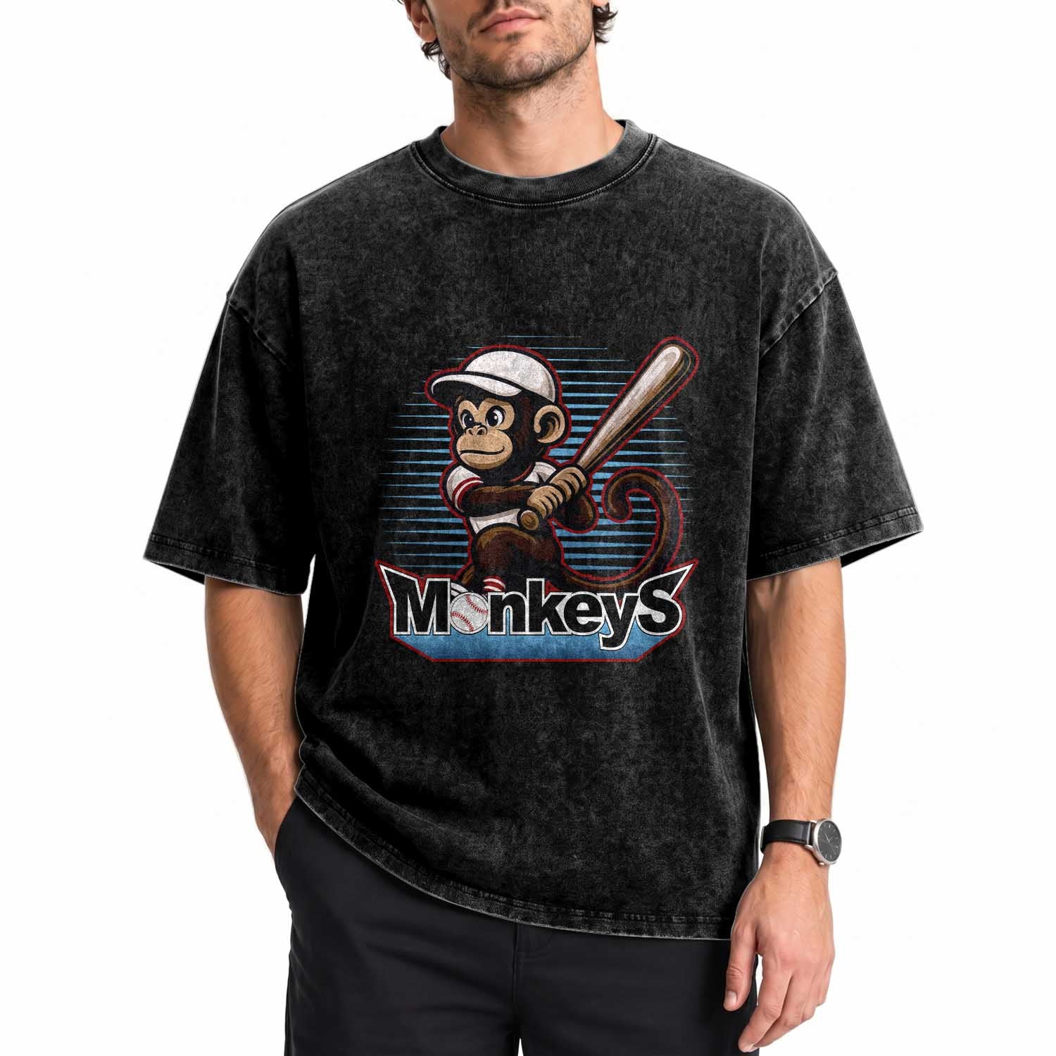 Funny Chimpanzee Swinging Bat Baseball Washed Cotton T-Shirt Sport Humor Gift